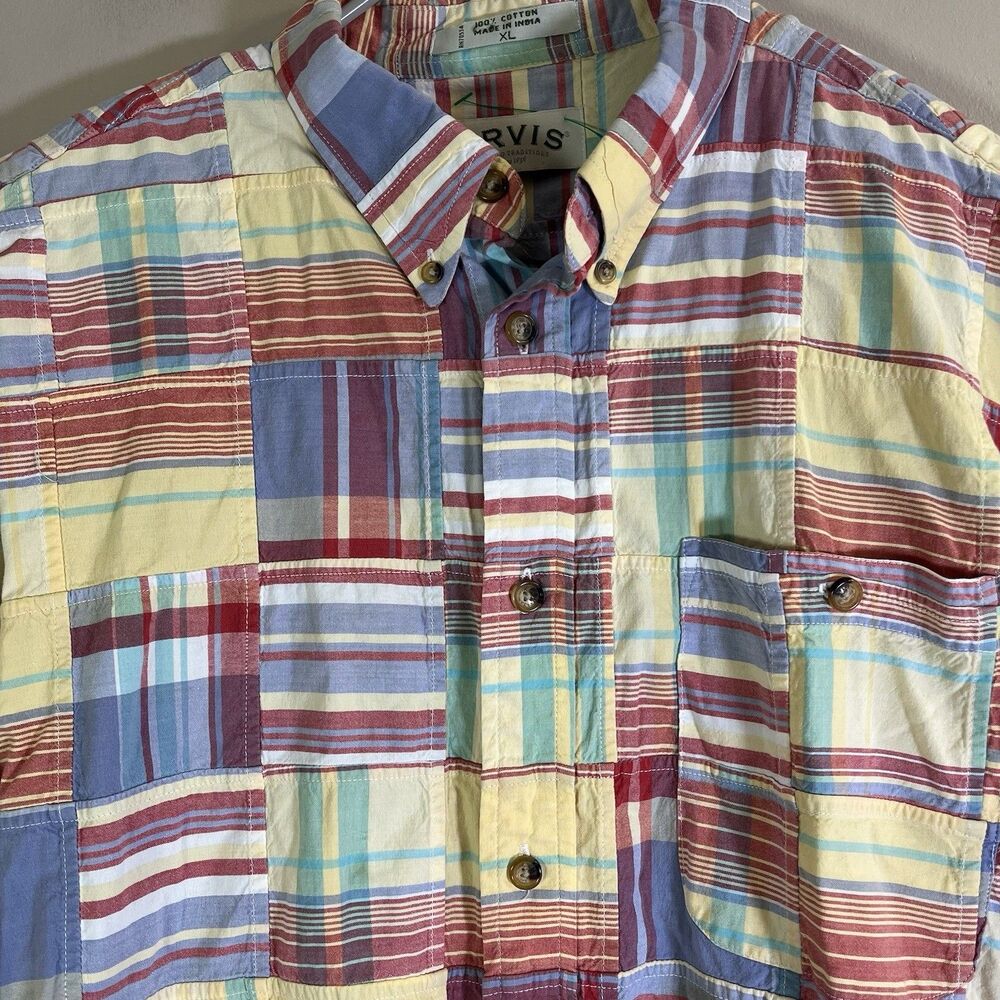 Orvis Shirt Mens XL Colorful Patchwork Indian Madras Plaid Southwestern Preppy